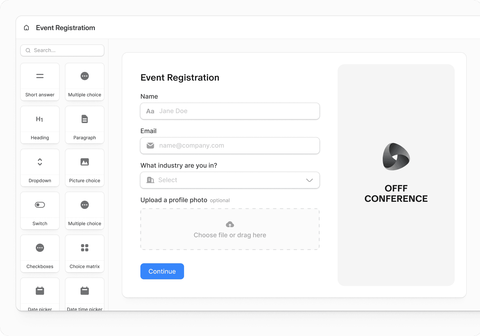 Fillout form builder interface showing a registration form layout