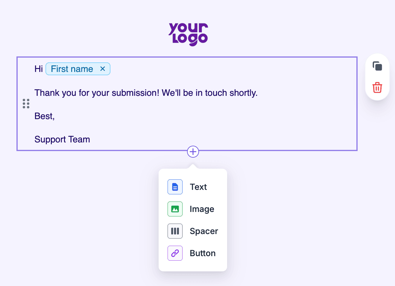 Fillout email editor showing branded follow-up email customization