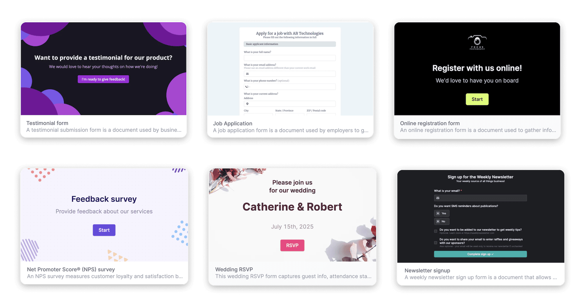 Examples of Fillout forms for registrations, surveys, testimonials, RSVP, and newsletters