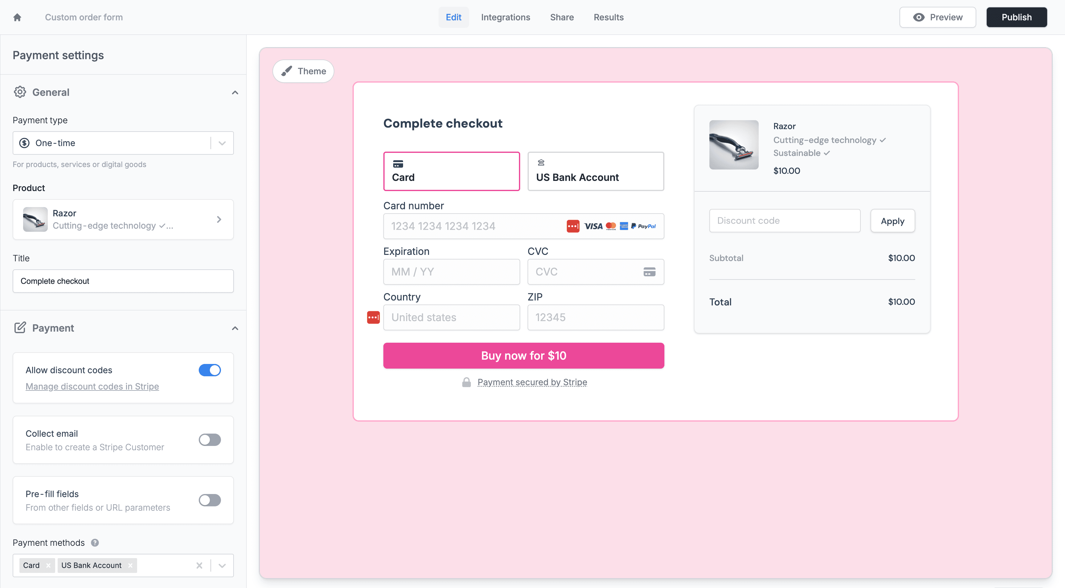 Fillout payment form builder interface