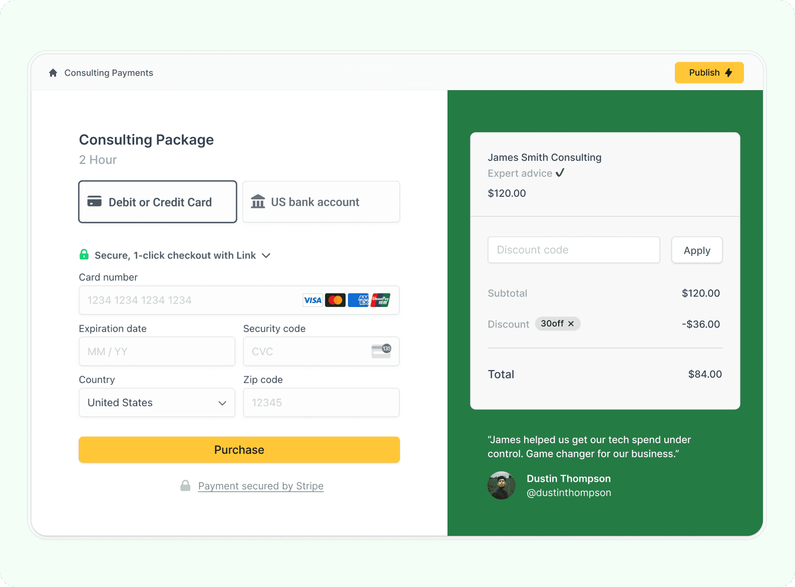 A Fillout payment form with Stripe checkout and a discount code