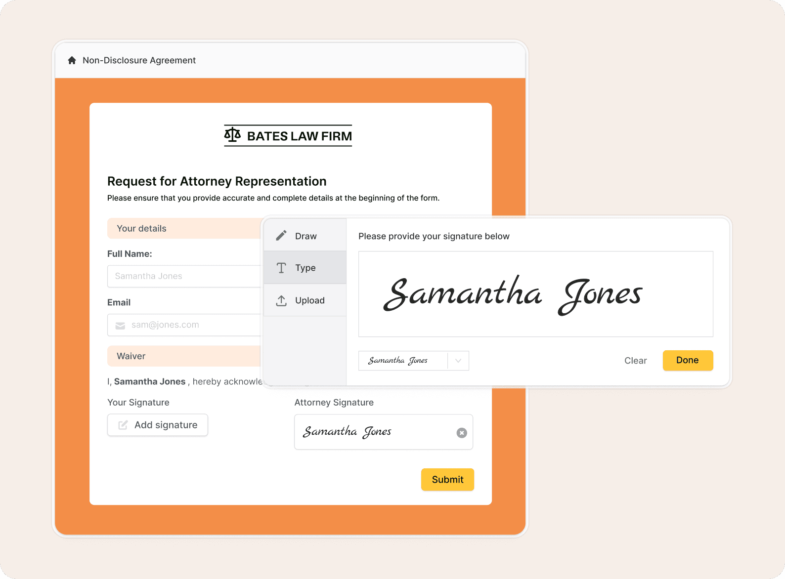 A Fillout form collecting an electronic signature