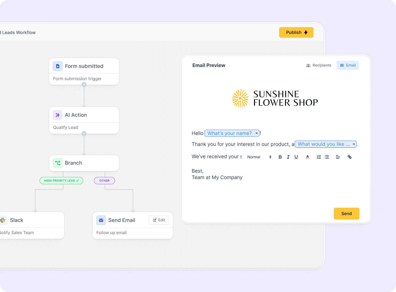 A Fillout workflow with an AI step, a branch and a follow-up email