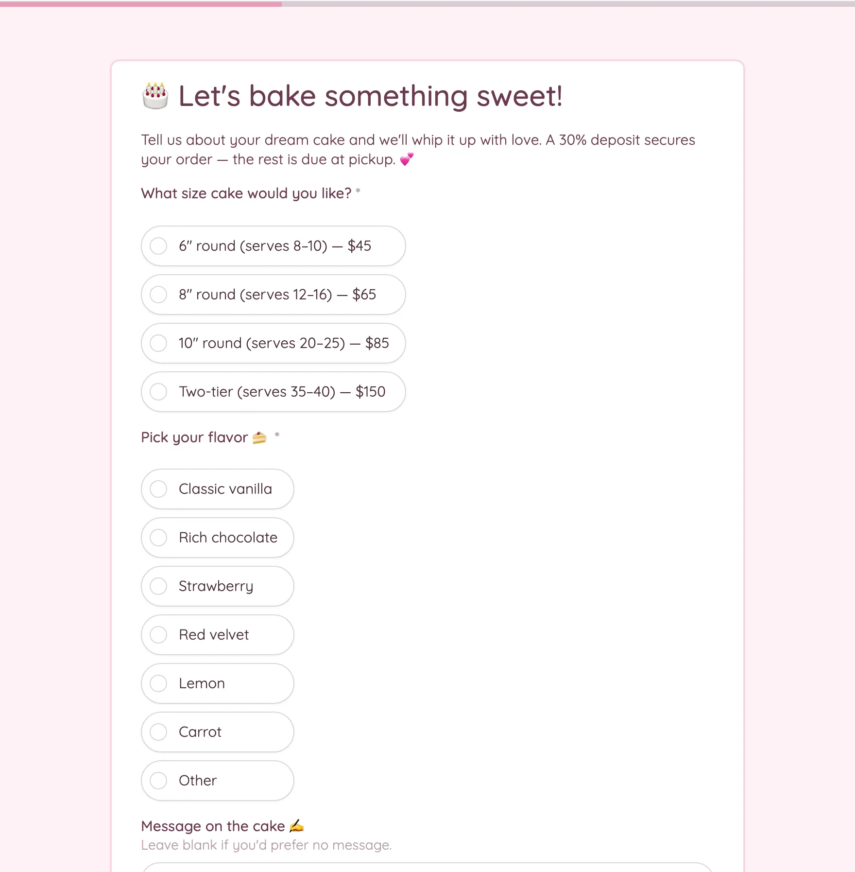 Cake order form built by Fillout AI